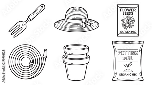 Konstfotografi gardening tools and supplies layout with flower seeds, potting soil