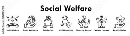 Social Welfare banner web icon illustration concept with icon of social welfare, social assistance, elderly care, child protection, disability support, welfare program, and social initiative