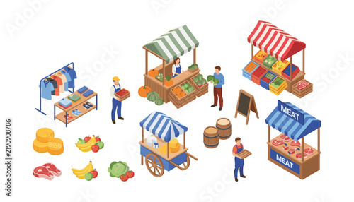 PrintIsometric local farmers market elements with food stalls clothing racks vendor characters fresh vegetables meat and grocery shopping items
