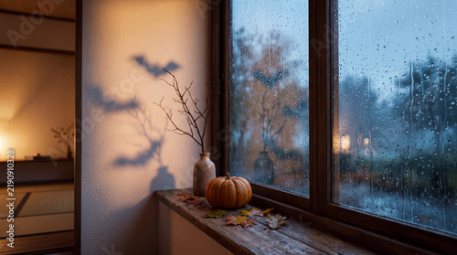 Obraz na płótnie 雨の夕暮れの窓辺に映るコウモリの影とカボチャのハロウィン風景