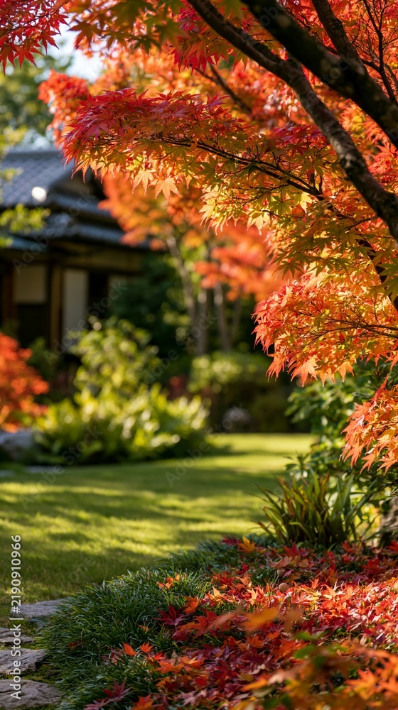 Obraz premium a serene garden scene during autumn. The main subject is a tree with vibrant red and orange leaves, illuminated by sunlight filtering through the leaves, creating a warm glow.