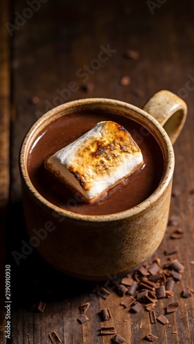 Heavy Ceramic Mug Of Thick Velvety Hot Chocolate With Toasted Marshmallow And Nibs