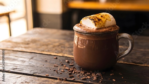 Heavy Ceramic Mug Of Thick Velvety Hot Chocolate With Toasted Marshmallow And Nibs