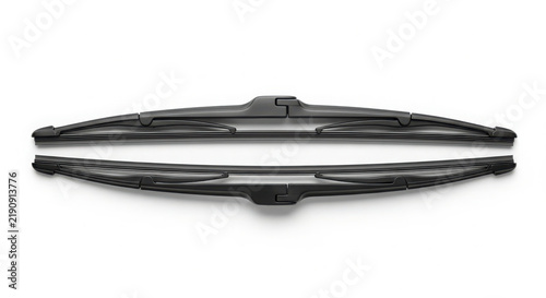 Black windshield wiper blades designed for automotive vehicle glass maintenance placed horizontally isolated on a clean bright white studio background