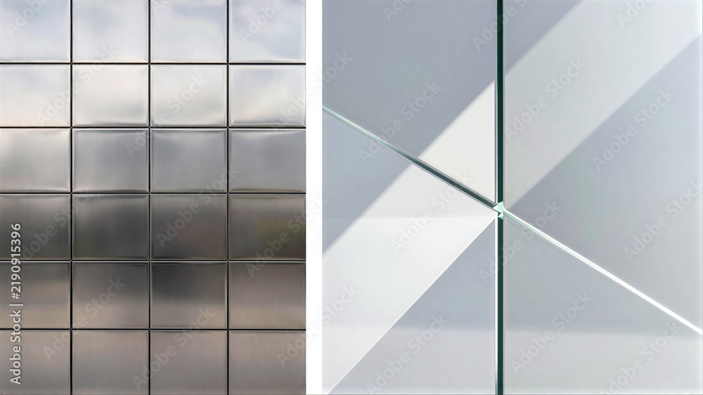 Fototapeta premium Metal tiles and frosted glass panels with geometric, minimalist design elements.