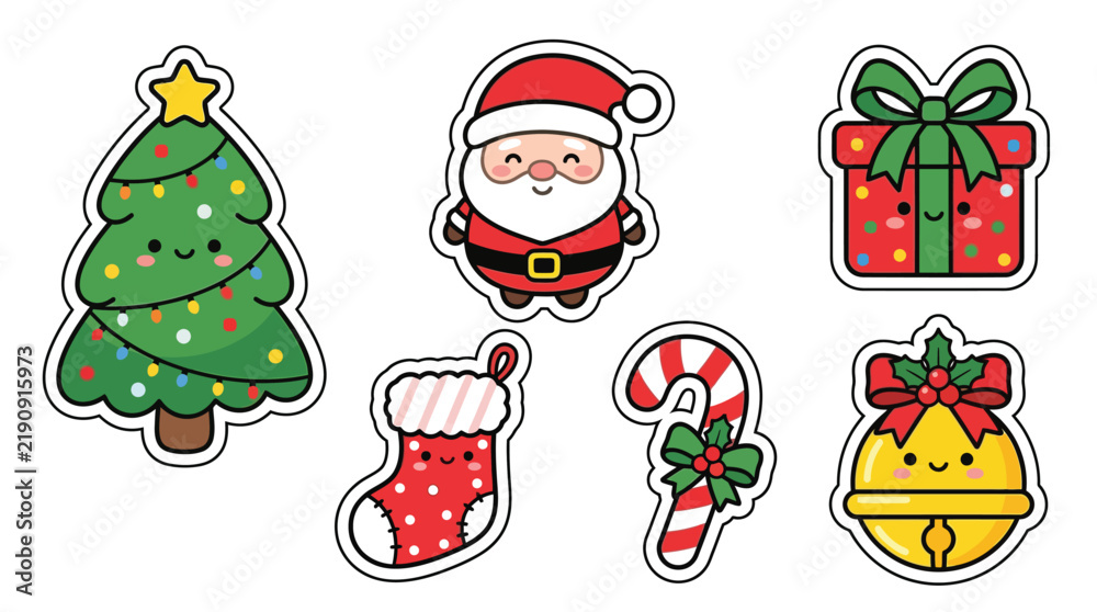 Fototapeta premium Cute Christmas Sticker Set with Kawaii Santa Tree and Gift