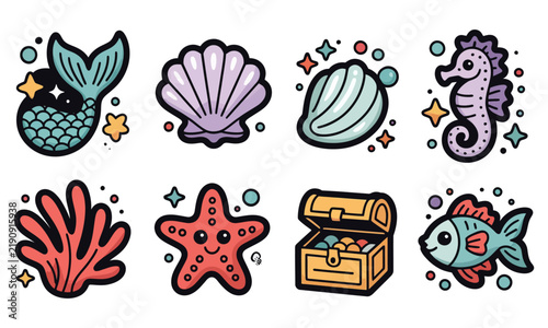 Mermaid doodle sticker illustration bundle