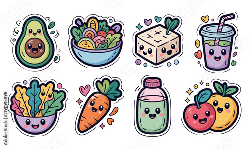 Vegan Food doodle sticker illustration bundle