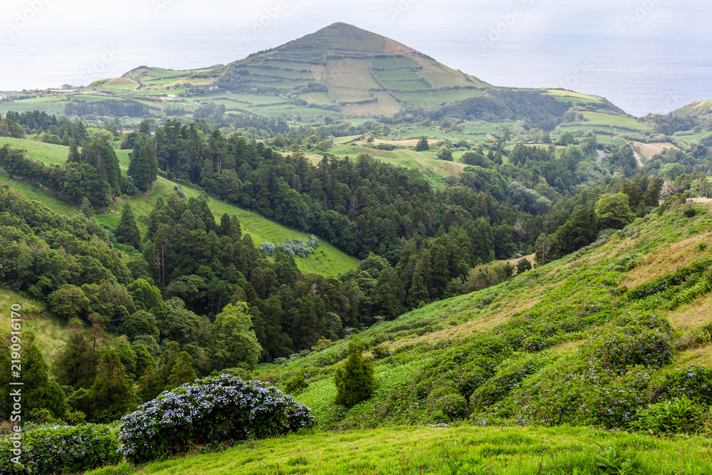 Obraz premium Green rolling hills of San Miguel Island, Azores, with a distant mountain peak. Lush vegetation covers the landscape under a cloudy sky. Scenic view of the volcanic island in Portugal.