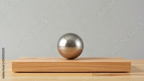 Steel ball on tilted wooden board, inclination and gravity balance concept