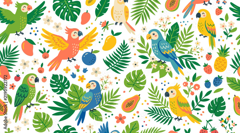 Obraz premium Tropical Parrot Pattern: Exotic Birds, Fruits, and Leaves Seamless Background