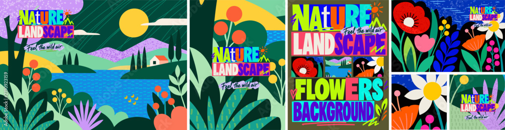 Obraz premium Colorful Nature Landscape and Floral Background. Modern vector abstract illustrations featuring mountains, a lake, flowers, leaves, plants, and bold abstract shapes - suitable for background, poster, 