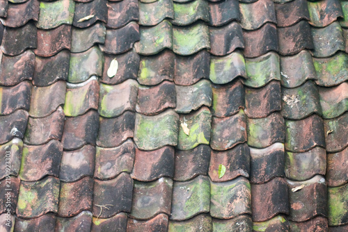 Close-up view of old weathered ceramic roof tiles covered with moss and patina, showing geometric repeating patterns and textures. Ideal for architectural backgrounds, construction, and housing concep