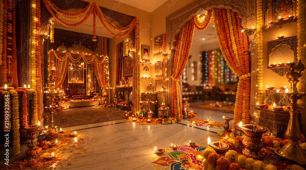 Fototapeta premium Diwali Decorations Galore: A stunning display of traditional Diwali decorations illuminates a grand interior, featuring countless diyas, marigold garlands, and intricate rangoli patterns.