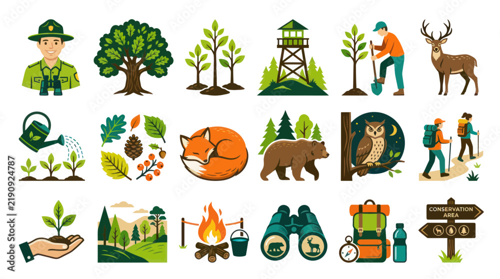 Fototapeta premium Flat Vector Icons of Nature, Wildlife, and Outdoor Activities for Conservation