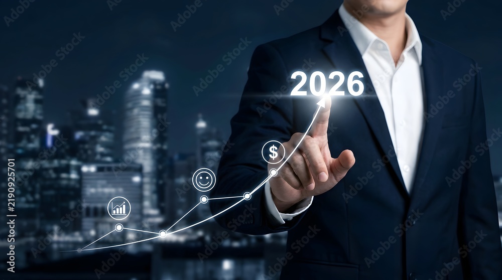 Fototapeta premium Businessman touching 2026 on a growth chart in city skyline