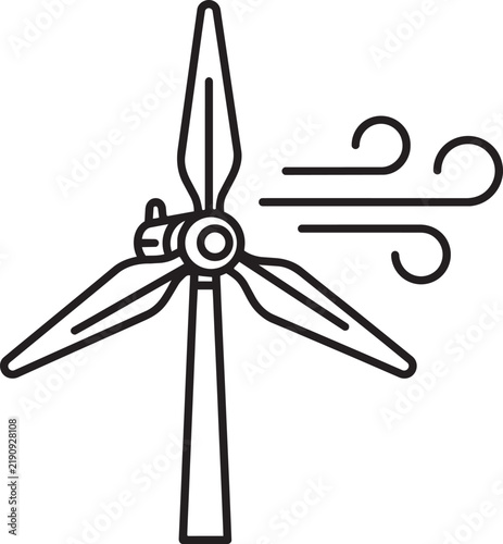 Art & Illustration, Outline vector icon of a wind turbine with blowing wind representing renewable wind energy production.