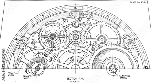 Vintage mechanical clock movement technical blueprint cross section with escape wheel balance wheel mainspring barrel and gear train line art vector isolated on white background