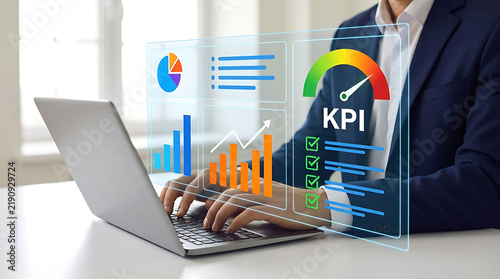 Businessman analyzing business performance metrics on digital KPI dashboard display