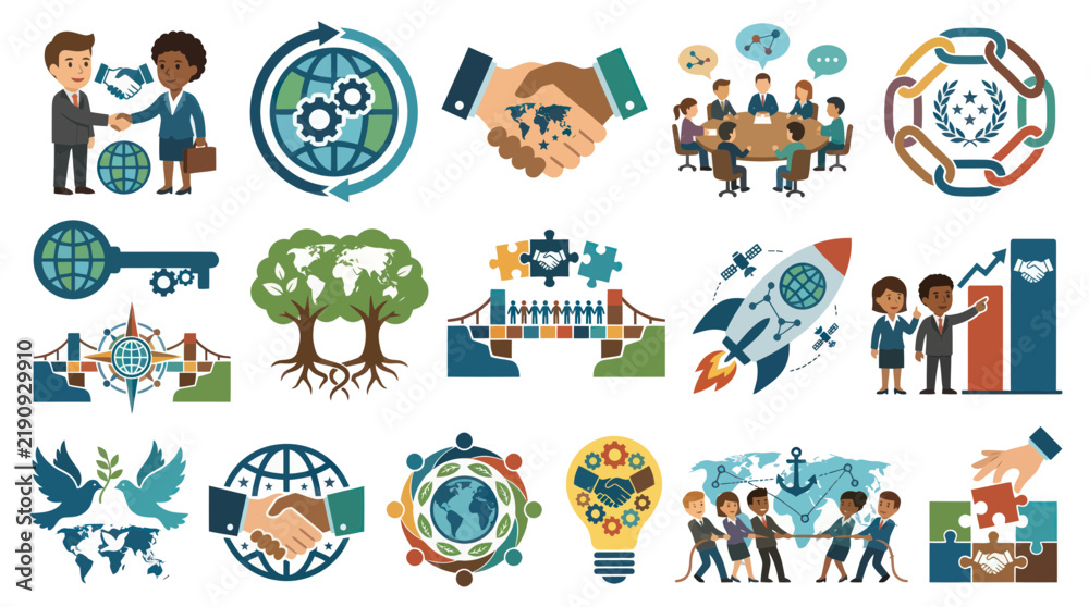 Obraz premium Business Collaboration Concept Icons: Global Partnership, Teamwork, Rocket Launch, Finance Growth