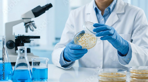 Scientist in laboratory examining bacterial growth in a petri dish with a blue