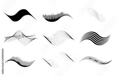 Abstract wave vector shapes collection. Features curved lines, halftone dots, and textured strokes. Black and white graphic design elements for modern branding and dynamic art.