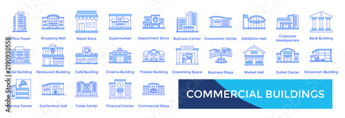 COMMERCIAL BUILDINGS icon set collection pack vector illustration. containing Office Tower, Shopping Mall, Retail Store, Supermarket, Department Store, Business Center, Convention Center icon