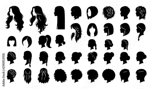Women Hairstyle Silhouette Icon Set with Bob, Braid, Bun, Curly, and Ponytail Hair Symbols for Beauty Designs