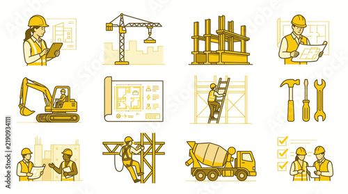 Professional Construction and Engineering Set Vibrant Yellow Line Art of Workers Tools and Equipment