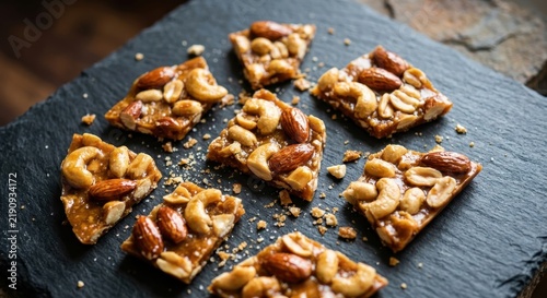 Delicious Homemade Mixed Nut Brittle with Toasted Almonds, Cashews, and Peanuts Served on an Elegant Dark Slate Stone Board, Perfect Gourmet Sweet Snack and Crunchy Dessert for Festive Occasions.