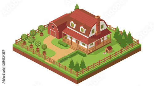 Professional Isometric of a Charming Red Barn House with White Trim Green Lawn Trees and Fenced Garden