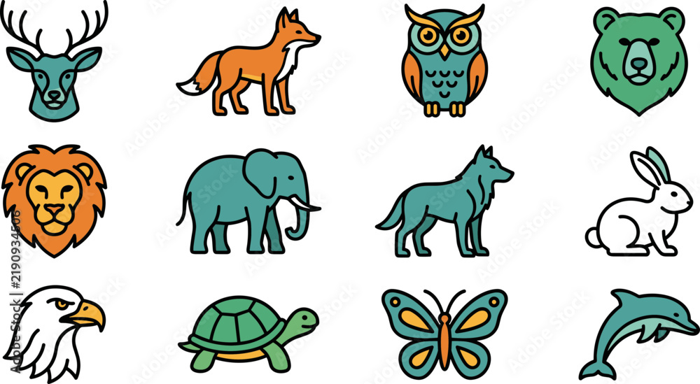 Obraz premium Set of Cute Cartoon Forest and Wild Animals Icons Isolated on Transparent Background Deer Fox Owl Bear Lion Elephant Wolf Rabbit Eagle Turtle Butterfly Dolphin