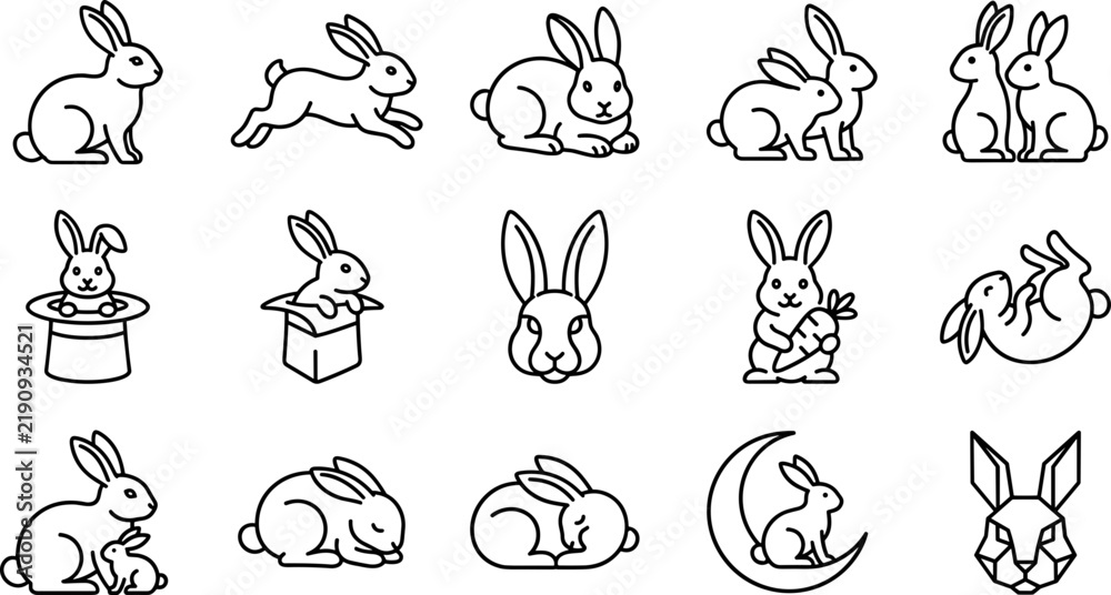 Fototapeta premium Cute Rabbit Icons Set Isolated on Transparent Background Various Poses and Activities