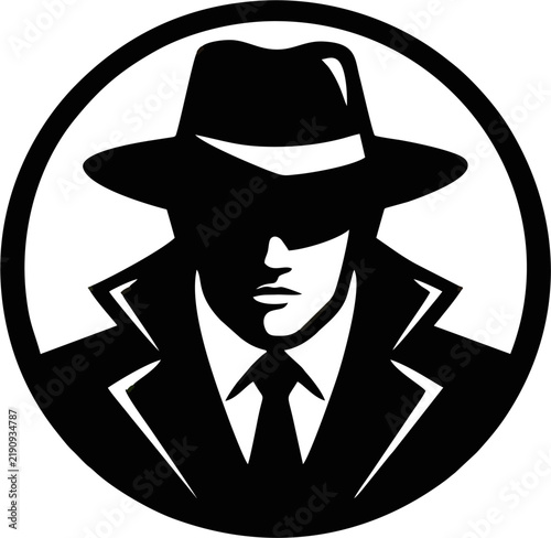 Mystery Detective Silhouette in Fedora Hat and Trench Coat — Black and White Circle Badge Logo Vector Icon