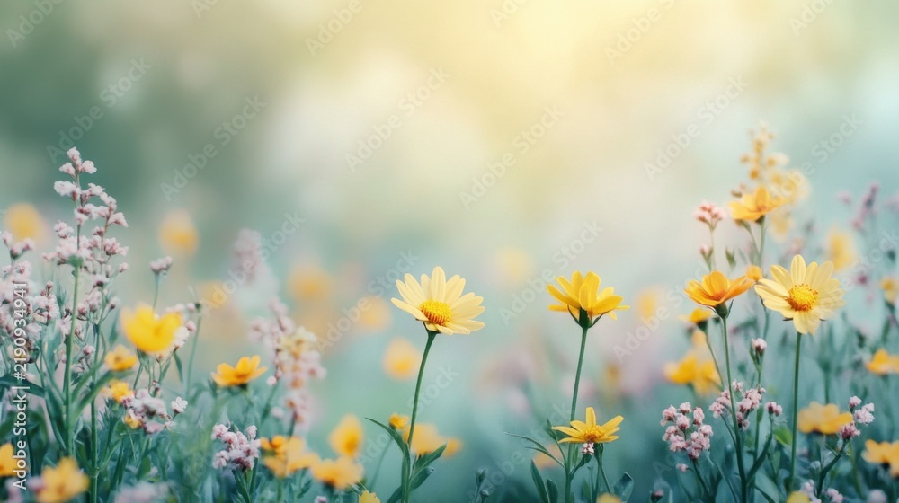 Fototapeta premium Sunlit meadow with vibrant yellow and pink wildflowers