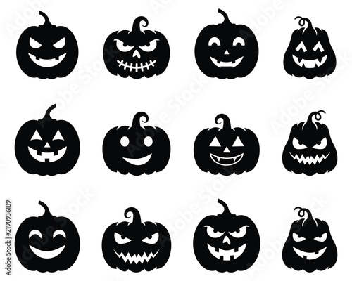 Halloween pumpkin set. Halloween pumpkin vector icon. Silhouette of funny Halloween pumpkin emoji vector collection with various facial expressions. Fresh autumn vegetables design. Vector illustration