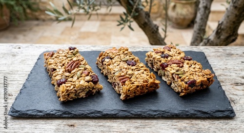 Three healthy homemade granola bars with oats, pecans, cranberries, and pumpkin seeds served on a black slate tray outdoors, perfect for a nutritious snack or organic energy boost.