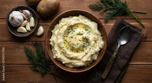 Top view of creamy mashed potatoes in a bowl topped with melted butter and fresh chives, served on a rustic wooden table with garlic, raw potatoes, and dill sprigs.