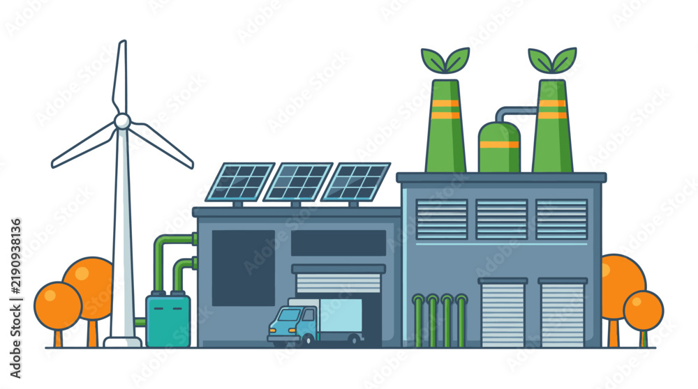 Obraz premium Professional of Eco Friendly Energy Facility with Wind Turbine Solar Panels and Green Chimneys with high quality professional line art symbols for modern creative design and digital branding projects