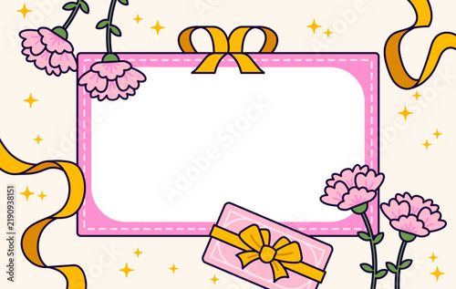 Decorative floral frame with pink blossoms, yellow ribbon accents, and a central bow. A playful cartoon border design with an empty space for text or messages vector illustration