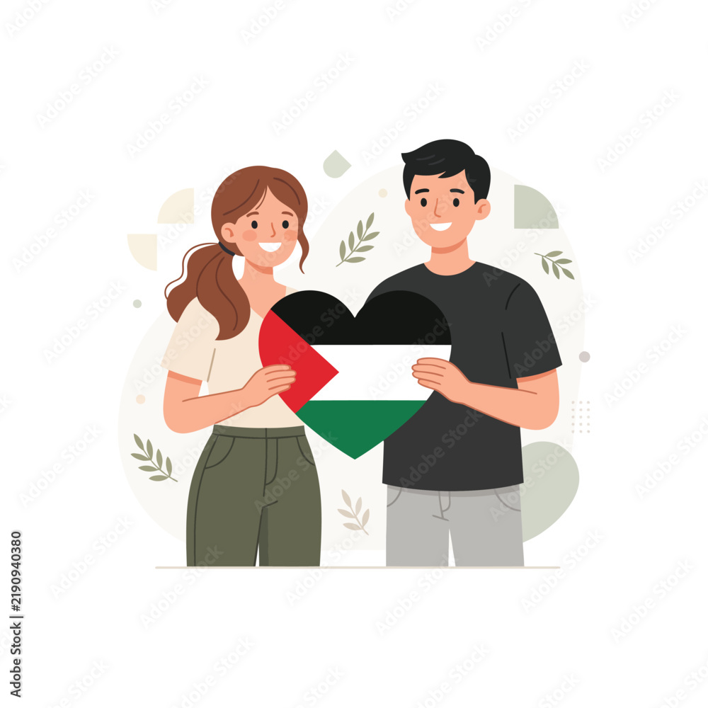 Fototapeta premium Couple Holding Palestine Flag Heart Illustration