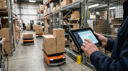 Autonomous robot warehouse logistics tablet inventory worker technology automation shipping distribution supply storage delivery industry cargo aisle box transport indoor fulfillment management