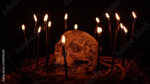Skull with black witchcraft candles surrounded and tree twigs and branches on black background. Slow motion shot of flames on wicks. Witchcraft ritual and magic alchemy human skull for Halloween