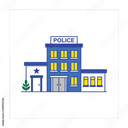 Police station building with blue and white exterior and yellow windows
