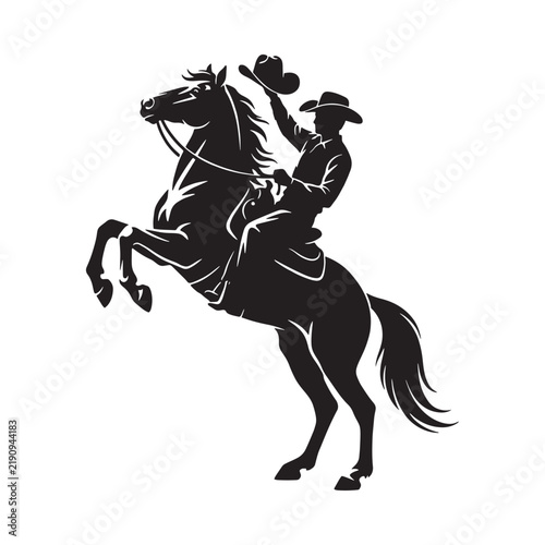 Cowboy riding rearing horse black silhouette on white background