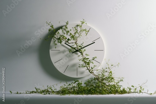 Minimal wall clock becomes overgrown with climbing vine