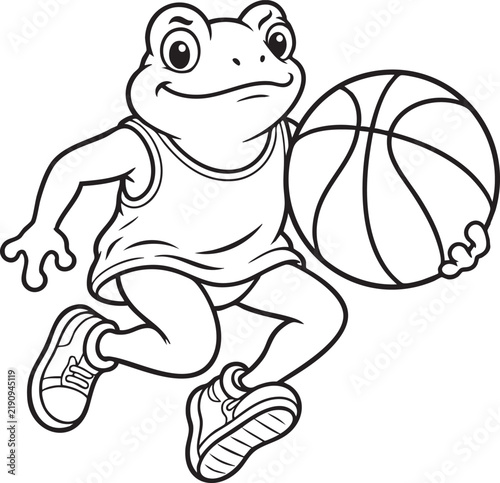 Cute Funny Frog Playing Basketball Coloring Page Black and White Cartoon Animal Line Art Illustration