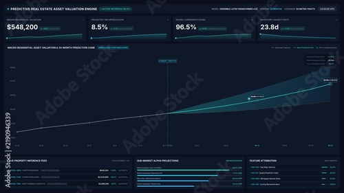 Financial analytics dashboard with real estate valuation engine market forecasting data, for asset management, investment planning, market research, economic data analysis
