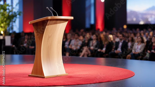 Empty Wooden Podium with Microphones on Stage with Red Carpet in Front of a Large Audience at a Business Conference