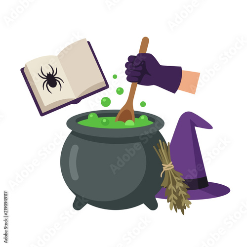 Witch Potion Brewing and Magical Herb Preparation Illustration